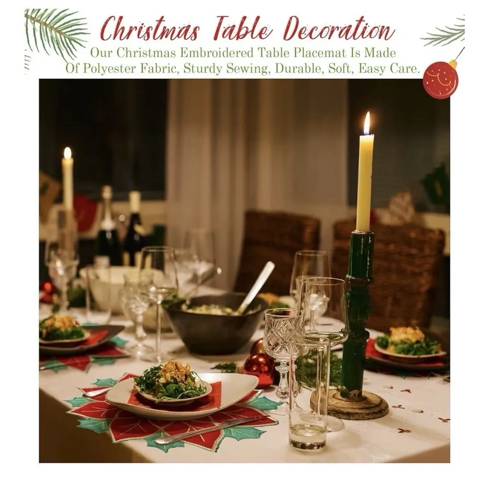 Christmas Placemats Set of 6 Christmas 14 x 14 Inch Poinsettia Style [i]